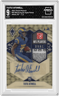 Tutu Atwell from the 2021 Panini Phoenix set featuring a Super Prime parallel graded by Arena Club and given an overall grade of 9.