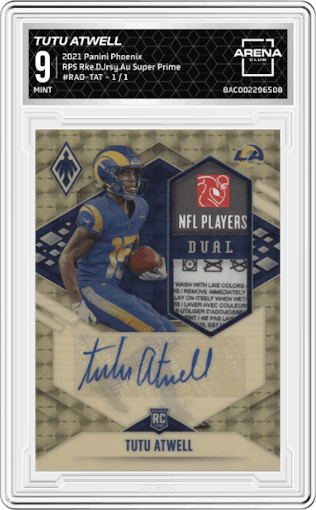 Tutu Atwell from the 2021 Panini Phoenix set featuring a Super Prime parallel graded by Arena Club and given an overall grade of 9.