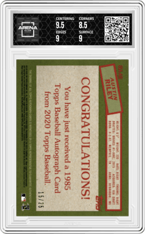 Austin Riley from the 2020 Topps Series 1 set featuring a Red parallel graded by Arena Club and given an overall grade of 9.
