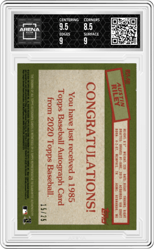 Austin Riley from the 2020 Topps Series 1 set featuring a Red parallel graded by Arena Club and given an overall grade of 9.