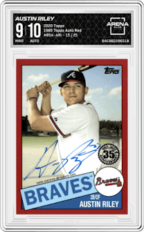 Austin Riley from the 2020 Topps Series 1 set featuring a Red parallel graded by Arena Club and given an overall grade of 9.