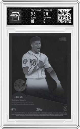 Juan Soto from the 2020 Topps Clearly Authentic set graded by Arena Club and given an overall grade of 8.5.
