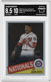 Juan Soto from the 2020 Topps Clearly Authentic set graded by Arena Club and given an overall grade of 8.5.