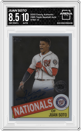 Juan Soto from the 2020 Topps Clearly Authentic set graded by Arena Club and given an overall grade of 8.5.