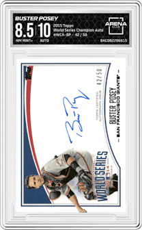 Buster Posey from the 2015 Topps Series 1 set graded by Arena Club and given an overall grade of 8.5.