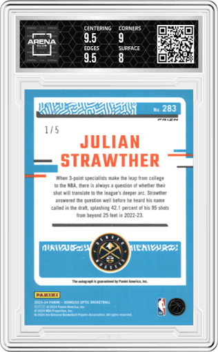 Julian Strawther from the 2023-24 Donruss Optic set featuring a Green parallel graded by Arena Club and given an overall grade of 8.5.