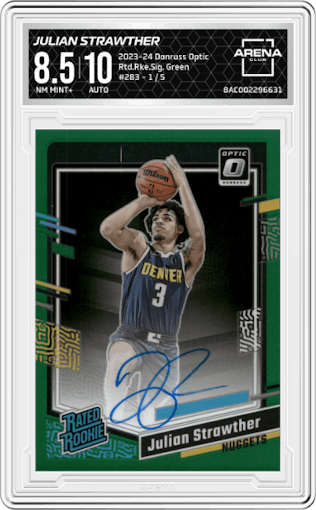 Julian Strawther from the 2023-24 Donruss Optic set featuring a Green parallel graded by Arena Club and given an overall grade of 8.5.