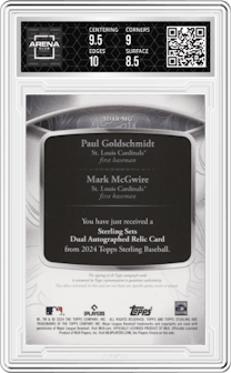 Mark McGwire/Paul Goldschmidt from the 2024 Topps Sterling set graded by Arena Club and given an overall grade of 9.