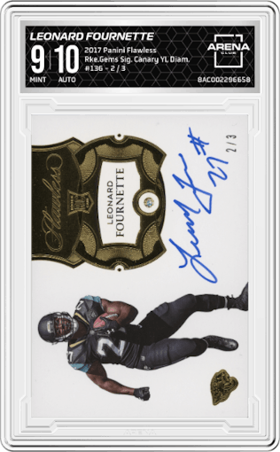 Leonard Fournette from the 2017 Panini Flawless set featuring a Canary Yellow Diamond parallel graded by Arena Club and given an overall grade of 9.