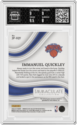 Immanuel Quickley from the 2022-23 Panini Immaculate Collection set featuring a Team Logo  parallel graded by Arena Club and given an overall grade of 8.5.