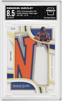 Immanuel Quickley from the 2022-23 Panini Immaculate Collection set featuring a Team Logo  parallel graded by Arena Club and given an overall grade of 8.5.