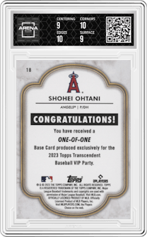 Shohei Ohtani from the 2023 Topps Transcendent Collection VIP Party set graded by Arena Club and given an overall grade of 9.5.