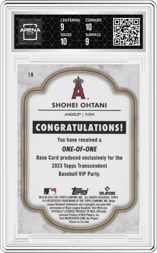 Shohei Ohtani from the 2023 Topps Transcendent Collection VIP Party set graded by Arena Club and given an overall grade of 9.5.