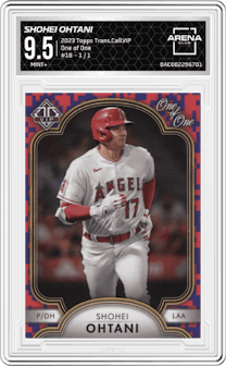 Shohei Ohtani from the 2023 Topps Transcendent Collection VIP Party set graded by Arena Club and given an overall grade of 9.5.