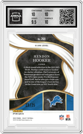 Hendon Hooker from the 2023 Panini Select set featuring a Tie-Dye Prizm parallel graded by Arena Club and given an overall grade of 10.