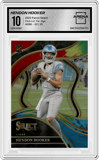 Hendon Hooker from the 2023 Panini Select set featuring a Tie-Dye Prizm parallel graded by Arena Club and given an overall grade of 10.