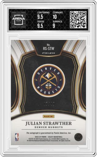Julian Strawther from the 2023-24 Panini Select  set featuring a Blue Prizm parallel graded by Arena Club and given an overall grade of 9.5.
