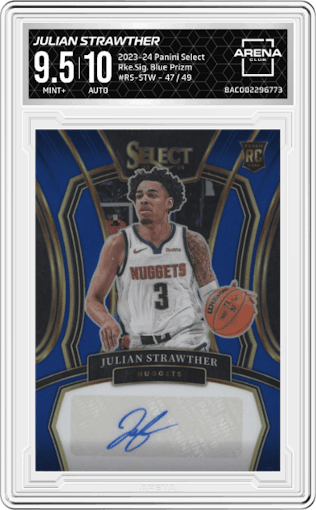 Julian Strawther from the 2023-24 Panini Select  set featuring a Blue Prizm parallel graded by Arena Club and given an overall grade of 9.5.