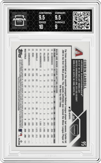 Corbin Carroll from the 2023 Topps Chrome Logofractor Edition set featuring a Pink Refractor parallel graded by Arena Club and given an overall grade of 9.5.