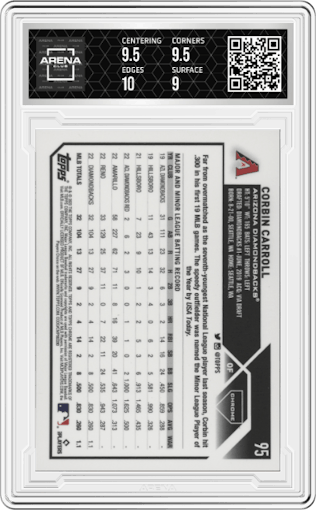 Corbin Carroll from the 2023 Topps Chrome Logofractor Edition set featuring a Pink Refractor parallel graded by Arena Club and given an overall grade of 9.5.