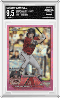 Corbin Carroll from the 2023 Topps Chrome Logofractor Edition set featuring a Pink Refractor parallel graded by Arena Club and given an overall grade of 9.5.