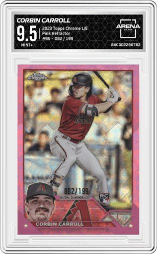 Corbin Carroll from the 2023 Topps Chrome Logofractor Edition set featuring a Pink Refractor parallel graded by Arena Club and given an overall grade of 9.5.