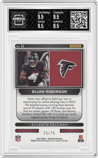 Bijan Robinson from the 2023 Panini Obsidian set featuring a Electric Etch Purple parallel graded by Arena Club and given an overall grade of 9.