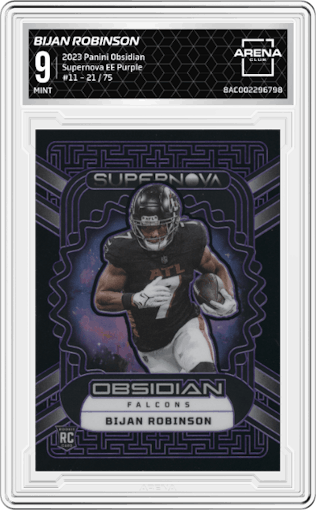Bijan Robinson from the 2023 Panini Obsidian set featuring a Electric Etch Purple parallel graded by Arena Club and given an overall grade of 9.