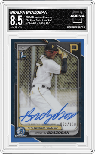 Bralyn Brazoban from the 2024 Bowman Chrome set featuring a Blue Refractor   parallel graded by Arena Club and given an overall grade of 8.5.