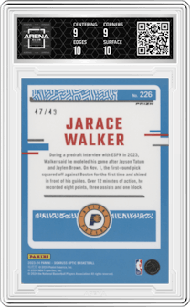 Jarace Walker from the 2023-24 Donruss Optic set featuring a Fast Break Blue parallel graded by Arena Club and given an overall grade of 9.5.
