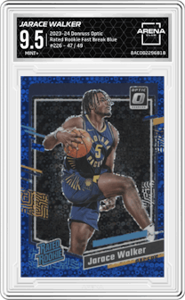 Jarace Walker from the 2023-24 Donruss Optic set featuring a Fast Break Blue parallel graded by Arena Club and given an overall grade of 9.5.