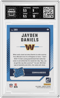 Jayden Daniels from the 2024 Donruss set featuring a Press Proof Green parallel graded by Arena Club and given an overall grade of 9.5.
