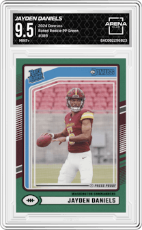 Jayden Daniels from the 2024 Donruss set featuring a Press Proof Green parallel graded by Arena Club and given an overall grade of 9.5.