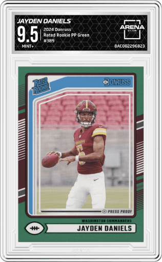 Jayden Daniels from the 2024 Donruss set featuring a Press Proof Green parallel graded by Arena Club and given an overall grade of 9.5.