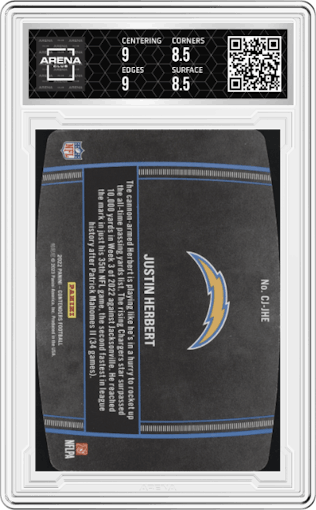 Justin Herbert from the 2022 Panini Contenders set graded by Arena Club and given an overall grade of 9.