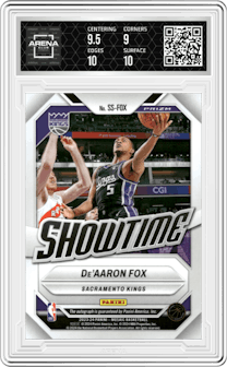 De'Aaron Fox from the 2023-24 Panini Mosaic set featuring a Choice parallel graded by Arena Club and given an overall grade of 9.5.