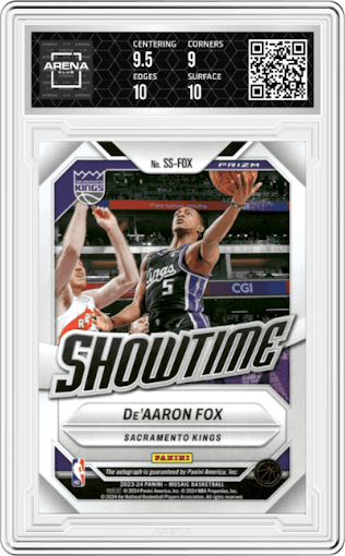 De'Aaron Fox from the 2023-24 Panini Mosaic set featuring a Choice parallel graded by Arena Club and given an overall grade of 9.5.