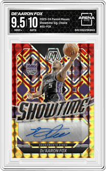 De'Aaron Fox from the 2023-24 Panini Mosaic set featuring a Choice parallel graded by Arena Club and given an overall grade of 9.5.