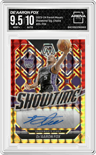 De'Aaron Fox from the 2023-24 Panini Mosaic set featuring a Choice parallel graded by Arena Club and given an overall grade of 9.5.