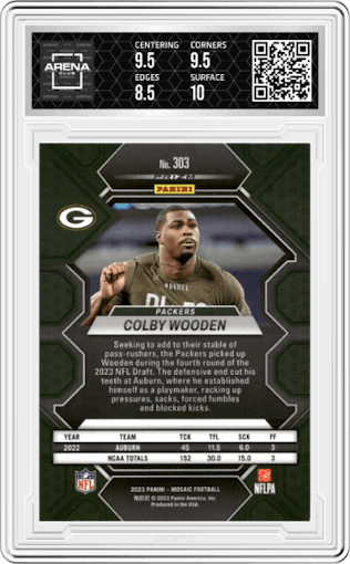 Colby Wooden from the 2023 Panini Mosaic set featuring a Honeycomb parallel graded by Arena Club and given an overall grade of 9.