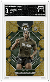 Colby Wooden from the 2023 Panini Mosaic set featuring a Honeycomb parallel graded by Arena Club and given an overall grade of 9.