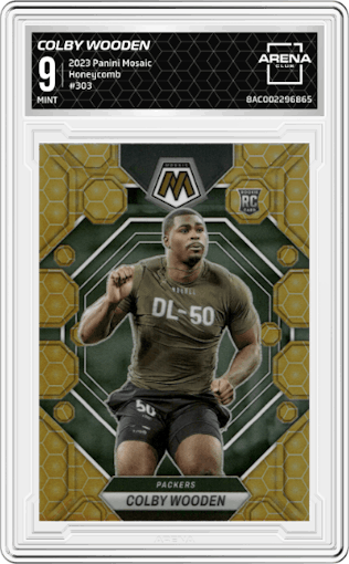 Colby Wooden from the 2023 Panini Mosaic set featuring a Honeycomb parallel graded by Arena Club and given an overall grade of 9.