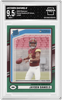 Jayden Daniels from the 2024 Donruss set featuring a Press Proof Green parallel graded by Arena Club and given an overall grade of 9.5.