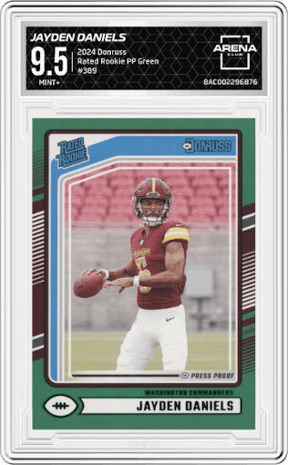 Jayden Daniels from the 2024 Donruss set featuring a Press Proof Green parallel graded by Arena Club and given an overall grade of 9.5.