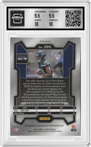 Jaxon Smith-Njigba from the 2023 Panini Prizm set featuring a No Huddle parallel graded by Arena Club and given an overall grade of 10.