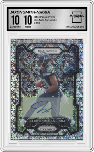 Jaxon Smith-Njigba from the 2023 Panini Prizm set featuring a No Huddle parallel graded by Arena Club and given an overall grade of 10.