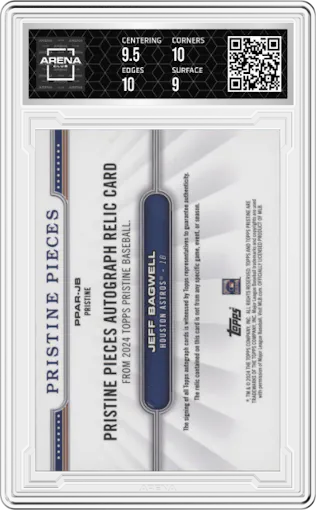 Jeff Bagwell from the 2024 Topps Pristine set featuring a Pristine Refractor parallel graded by Arena Club and given an overall grade of 9.5.