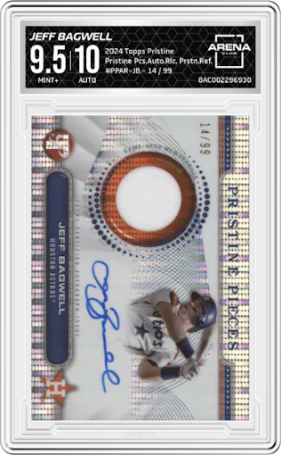 Jeff Bagwell from the 2024 Topps Pristine set featuring a Pristine Refractor parallel graded by Arena Club and given an overall grade of 9.5.