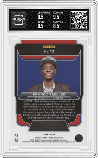 Brandon Miller from the 2023-24 Panini Prizm set featuring a Fast Break parallel graded by Arena Club and given an overall grade of 9.