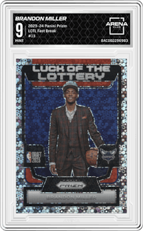 Brandon Miller from the 2023-24 Panini Prizm set featuring a Fast Break parallel graded by Arena Club and given an overall grade of 9.